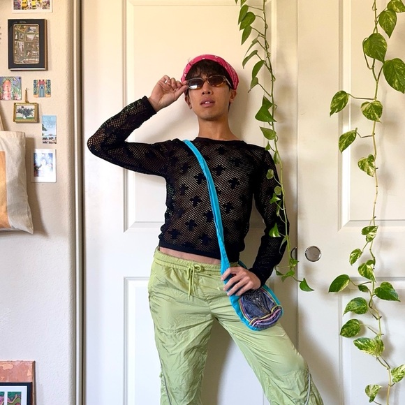 rave Other - Black Mesh Rave Top With Cross Symbols